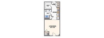 a floor plan of a small house with a bathroom and a kitchen