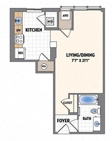 a floor plan of a small room with a bedroom and a bathroom