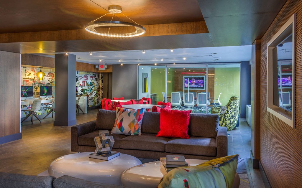 a living room with a couch and a table