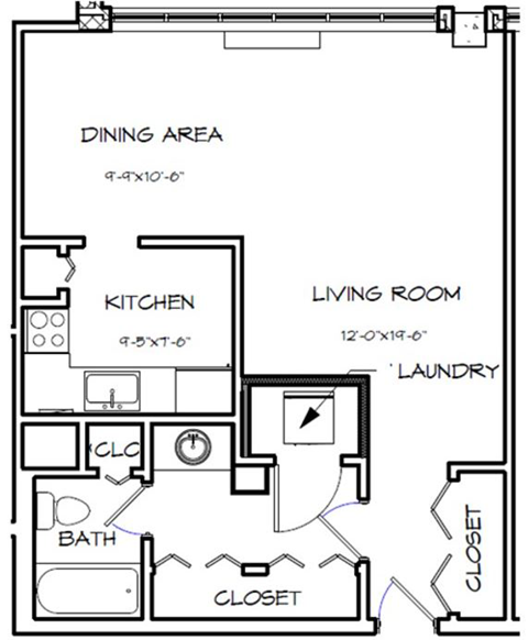 a floor plan of a small house with a kitchen and a living room