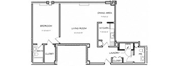 a floor plan of a bedroom apartment with a living room and a dining area