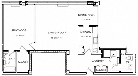 a floor plan of a bedroom apartment with a living room and a dining area