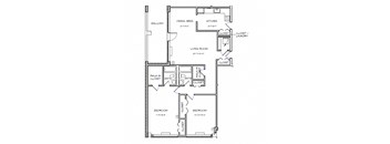 a floor plan of a bedroom floor plan with an open concept living room and kitchen