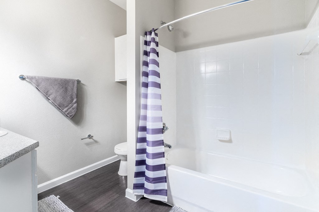 Apartments In Houston Texas for Rent – Westchase Forest - Photo of a bathroom with a shower curtain and a toilet and a sink