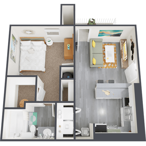 a 3d rendering of a floor plan with a bedroom and a living room