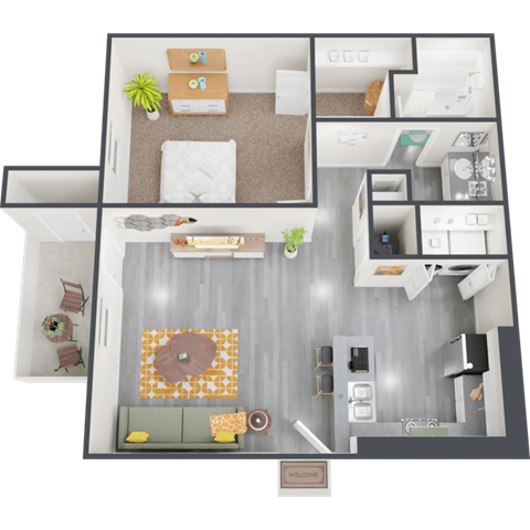 a 3d rendering of a floor plan with a bedroom and a living room