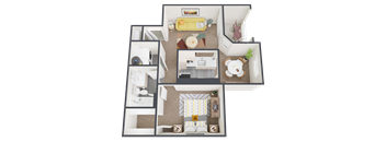 a 3d floor plan of a small house with a living room and a kitchen
