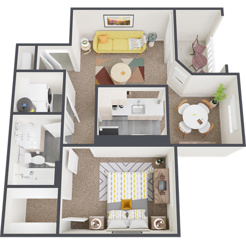 a 3d floor plan of a small house with a living room and a kitchen