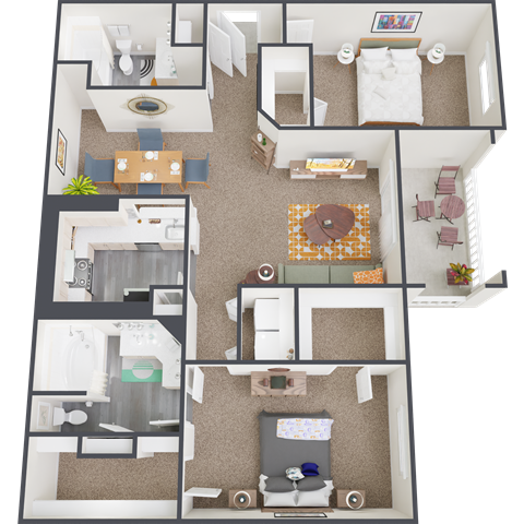 a 3d floor plan of a house with a living room and bedrooms