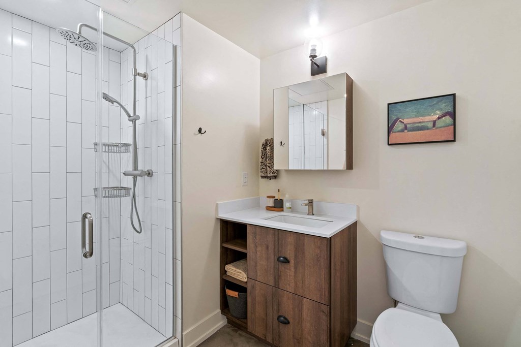 a bathroom with a shower and a sink and a toilet
