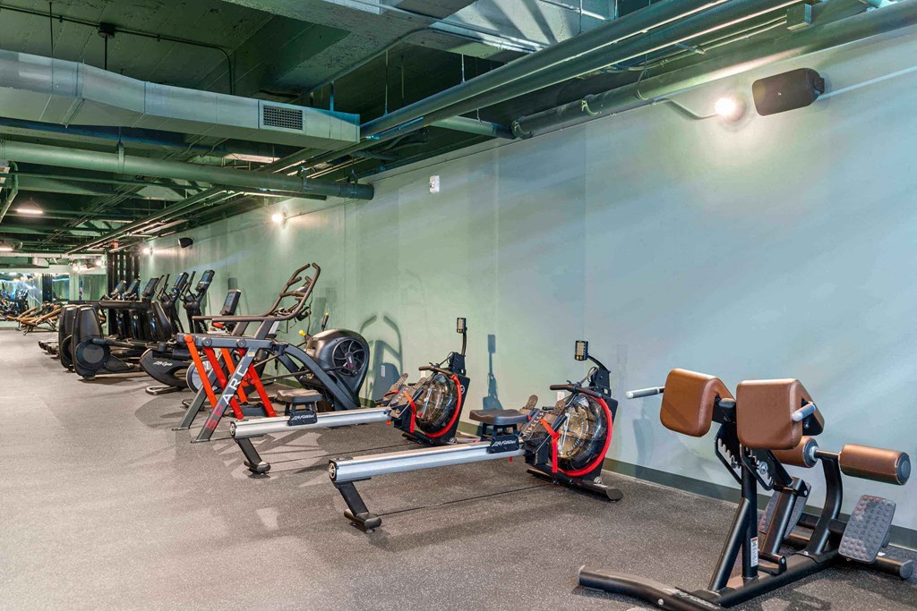 a gym with bikes and weights in a room with a white wall