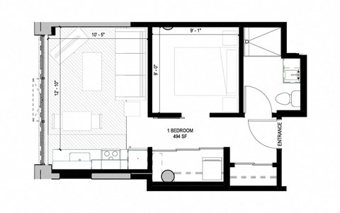 a floor plan of a small house with a bedroom and a living room
