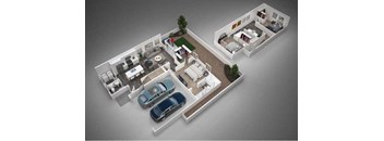 a floor plan of a house with two cars