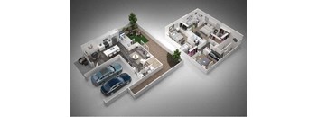 a floor plan of a house with two cars
