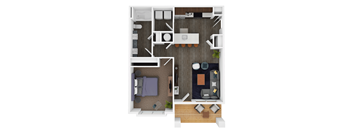 a stylized floor plan of a hotel room with a bedroom and living room