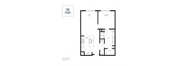 A floor plan of a 100 Park apartment showing a living room, dining room, kitchen, bathroom, and closet.