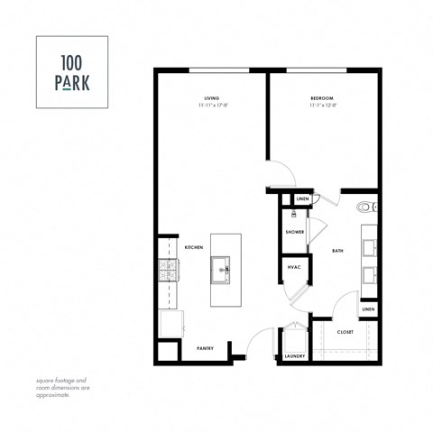 A floor plan of a 100 Park apartment showing a living room, dining room, kitchen, bathroom, and closet.