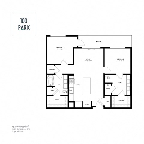 A black and white image of a house floor plan with the title "100 PARK".