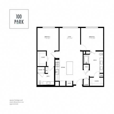 A black and white image of a floor plan for a 100 Park apartment.