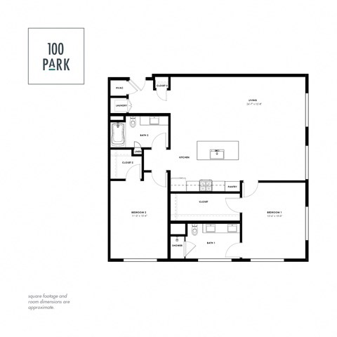 A black and white image of a house floor plan with the title "100 PARK".