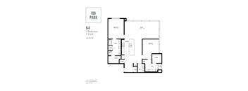 A black and white image of a floor plan for a 2 bedroom, 2.5 bath apartment.