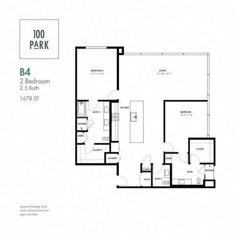 A black and white image of a floor plan for a 2 bedroom, 2.5 bath apartment.