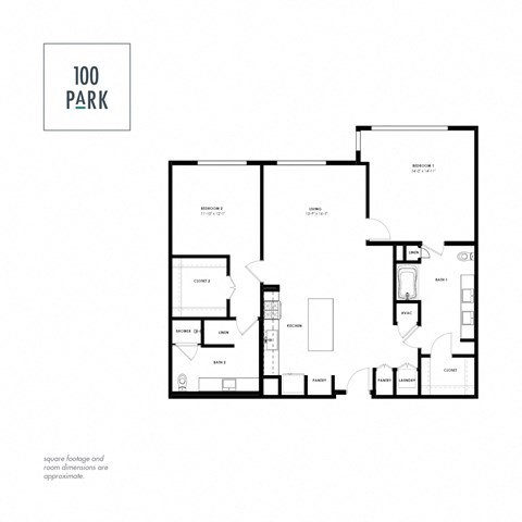 A black and white image of a house floor plan with the text "100 PARK" at the top.