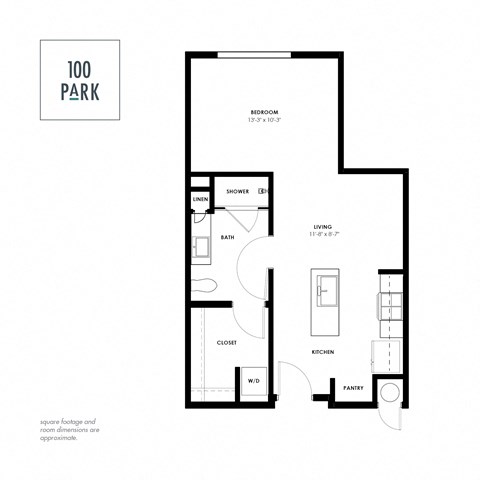 A black and white image of a floor plan for a 100 Park apartment.