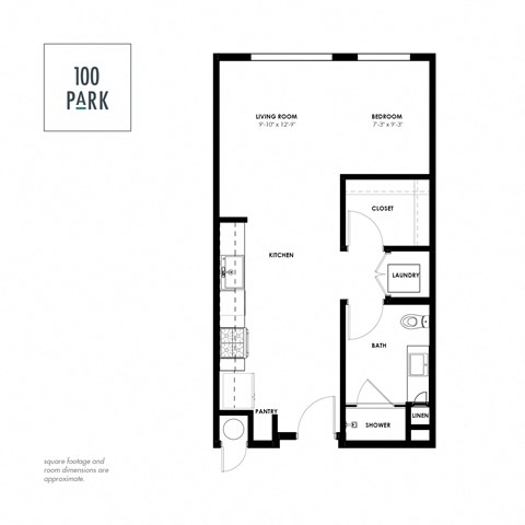 A black and white image of a floor plan for a 100 Park apartment.