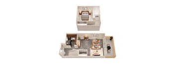 A top and bottom floor plan of a house with a kitchen, living room, dining room, and bedrooms.