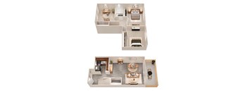 A floor plan of a two-story house with a living room, dining room, kitchen, and bedrooms.