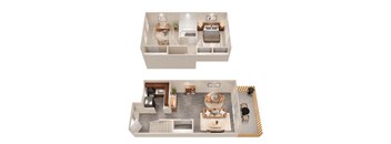 A top-down and bottom-up view of a modern living room with a kitchen area.