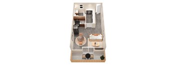 A top down view of a small apartment with a kitchen, living room, and bedroom.