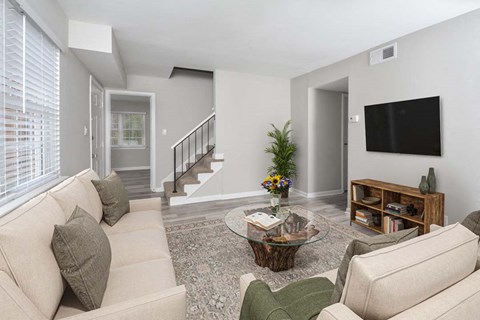 a living room with a couch and a television