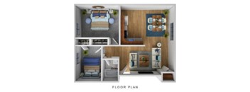 A floor plan of a small apartment with a bedroom, living room, kitchen, and bathroom.