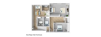 A 3D layout of a Blue Ridge 4 Bed Townhouse.