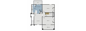 A floor plan of a house with a deck, two bedrooms, a living room, a dining room, a kitchen, a balcony, and a bathroom.