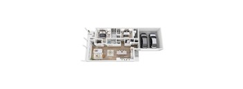 A floor plan of a house with a garage, kitchen, and living room.