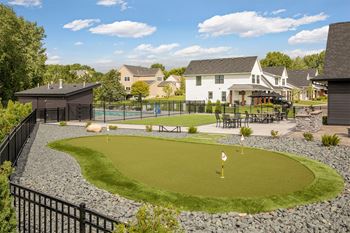 A golf hole is surrounded by a black fence and a green lawn.