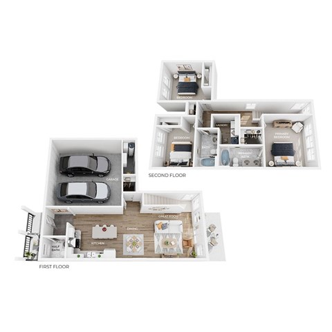 A diagram of a house showing the layout of the first and second floors.