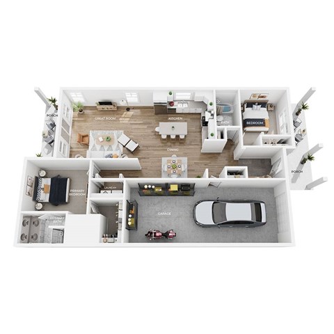 A top-down view of a house layout with labeled rooms such as "Kitchen", "Dining", and "Bedroom".