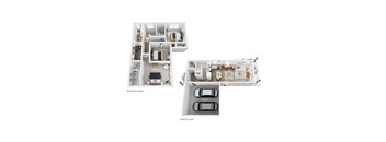 A floor plan of a house with two bedrooms, a garage, and a porch.
