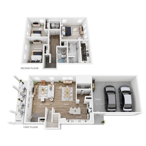A floor plan of a two-story home with labeled rooms.