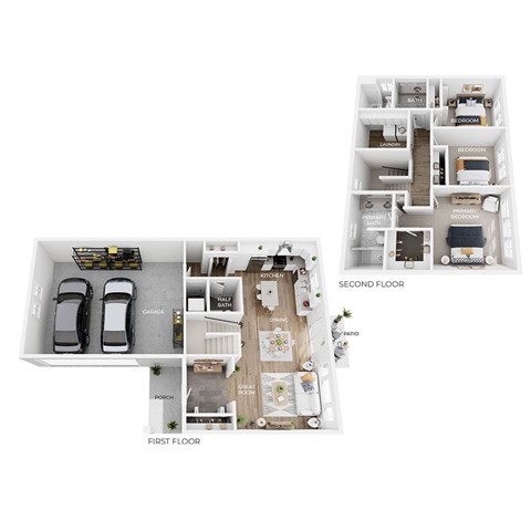 A floor plan of a house with two bedrooms, a garage, and a patio.