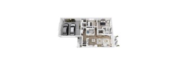 A floor plan of a house with a kitchen, living room, dining room, and two bedrooms.