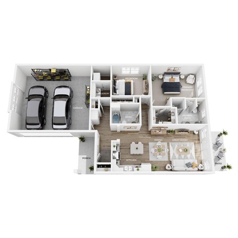 A floor plan of a house with a kitchen, living room, dining room, and two bedrooms.