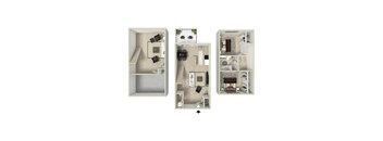Trailgrove Apartments two-bedroom, two-bath townhome floor plan with multi-level layout, private bedrooms, full bathrooms, and open living space in Southeast Denver