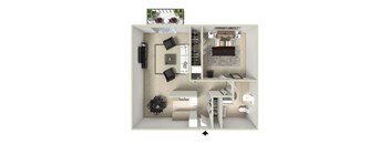 one-bedroom, one-bathroom floor plan at Willowstone Apartments near 7300 East Harvard Ave Denver CO offering 605 square feet with a spacious bedroom, living area, and full kitchen