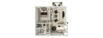one-bedroom apartment floor plan at Willowstone Apartments in Denver 80231 featuring 650 square feet with a larger living room layout and separate dining area