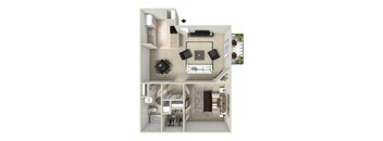 one-bedroom apartment layout at Willowstone Apartments in Southeast Denver offering 731 square feet with an extended living space and private bedroom
